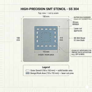 SMT PCB Stencil – SS 304 Stainless Steel | 0.1mm Thickness | 110mm Design Area