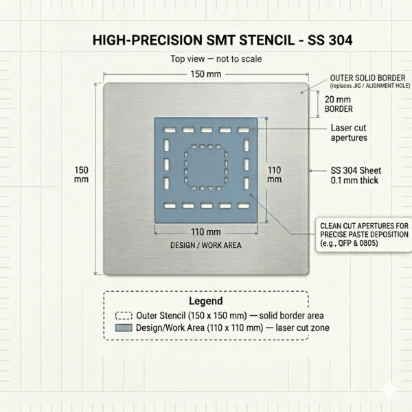 SMT PCB Stencil – SS 304 Stainless Steel | 0.1mm Thickness | 110mm Design Area