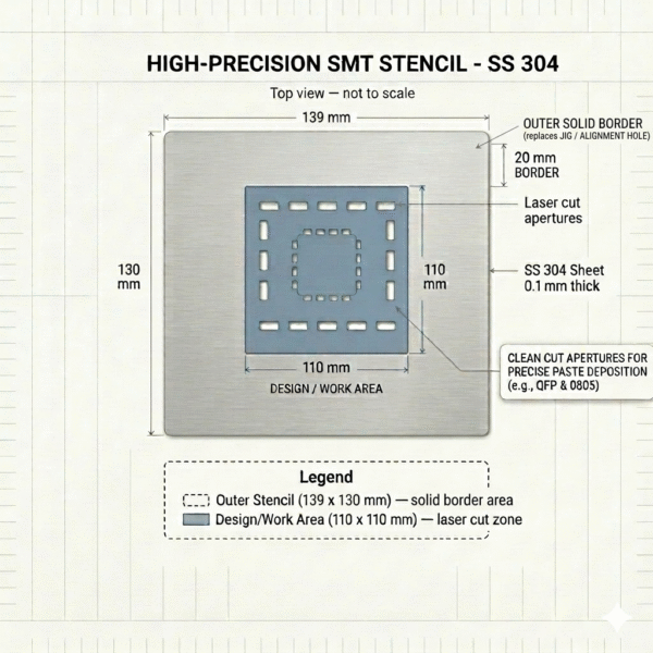 Tarangify SMT PCB Stencil SMT PCB Stencil – SS 304 Stainless Steel | 0.1mm Thickness | 110mm Design Area
